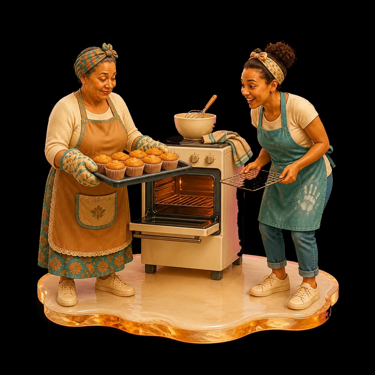 Two South African bakers celebrate a perfect tray of cupcakes beside a warm oven