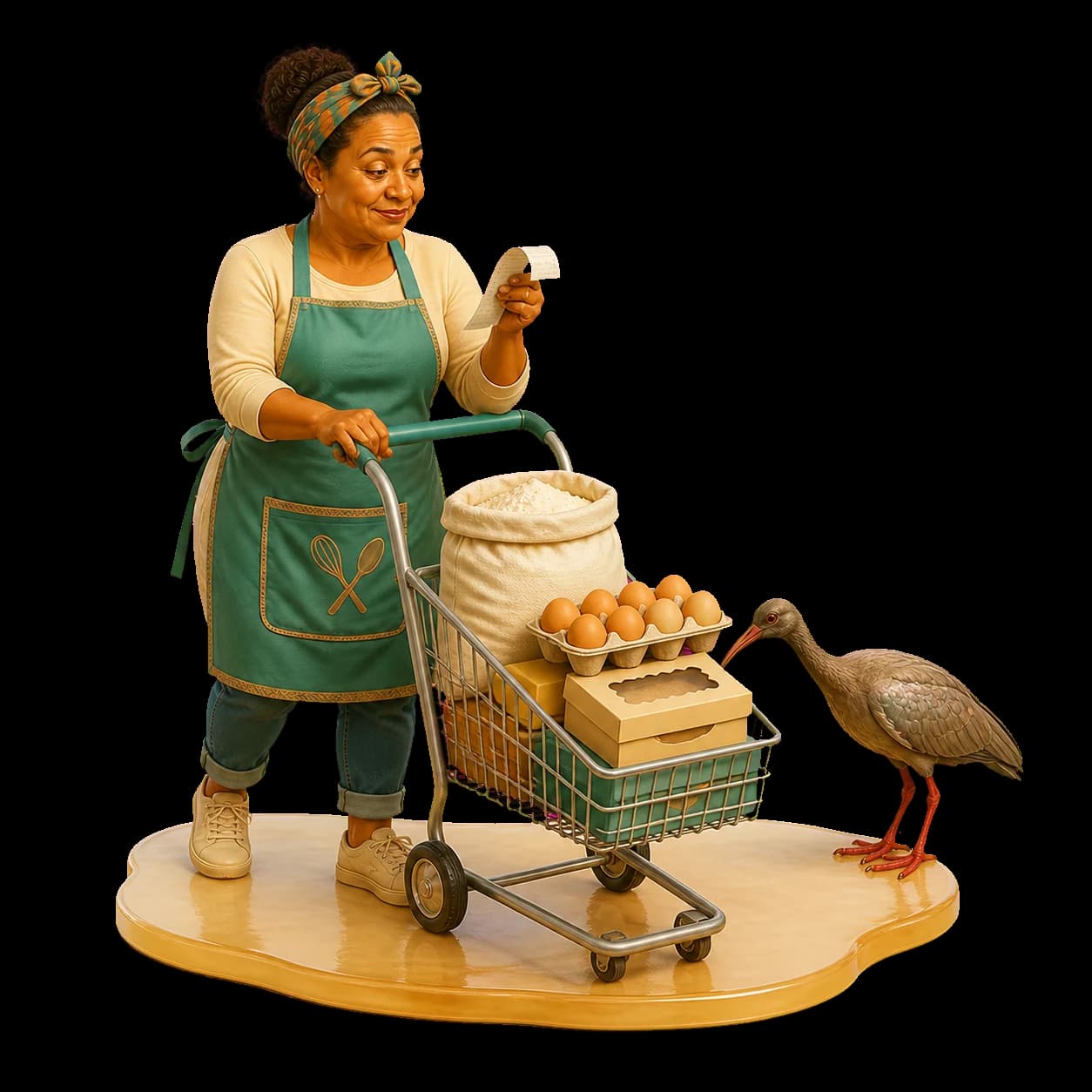 A South African baker checks her supplier receipt beside a loaded trolley and curious hadeda