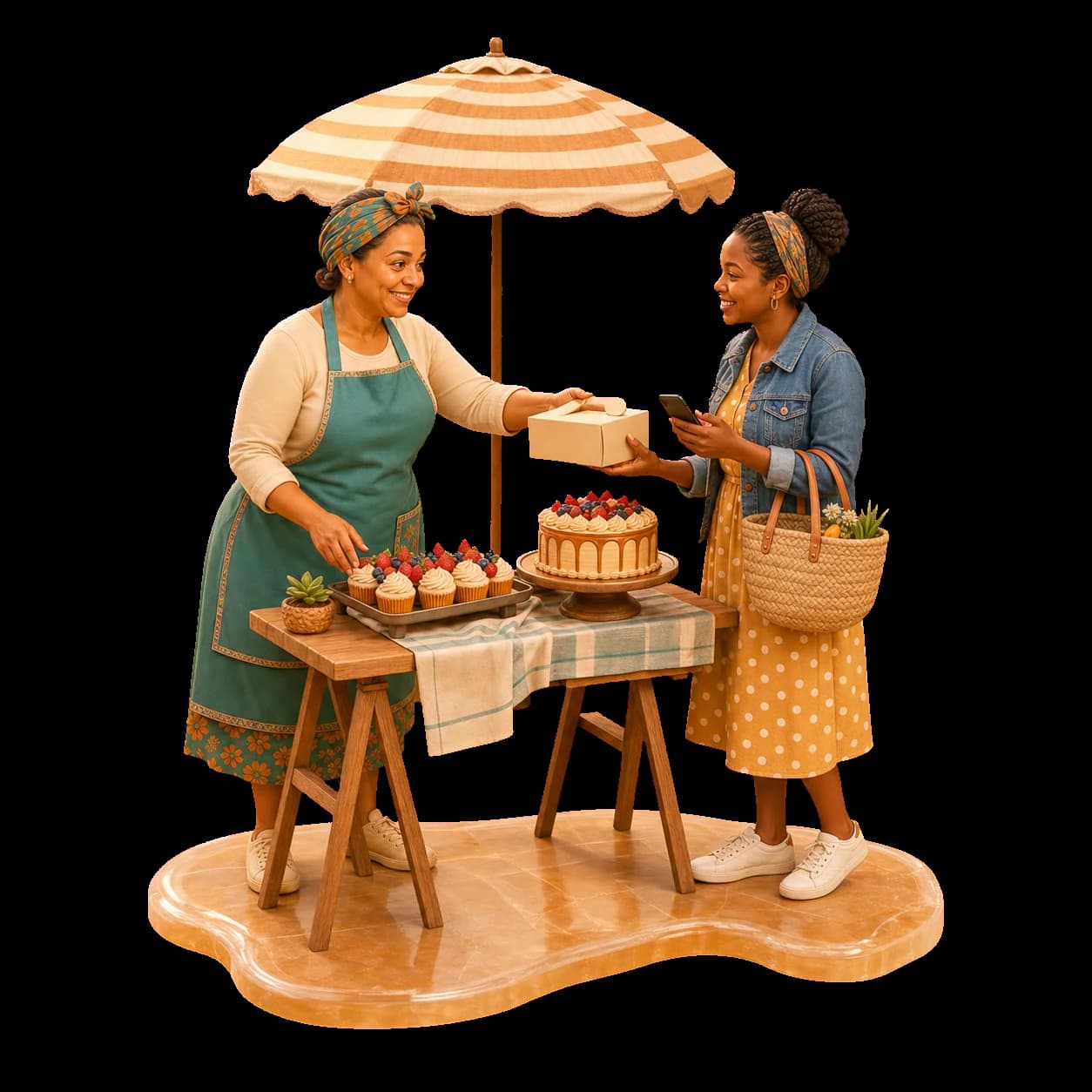 A Saturday-market baker hands a cake box to a smiling customer